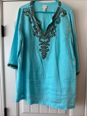Chico's Bright Turquoise Embroidered V-Neck Tunic